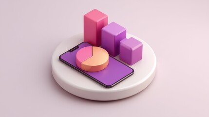 Modern smartphone displaying colorful 3D charts and graphs on a circular platform, illustrating data visualization and analysis concepts in a minimalistic style