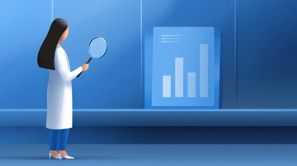 Woman in Lab Coat Analyzing Data Visualization with Magnifying Glass in a Blue Environment for Scientific Research and Technology Concepts