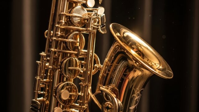 Polished Brass Saxophone Close-Up Showing Intricate Details and Golden Shine