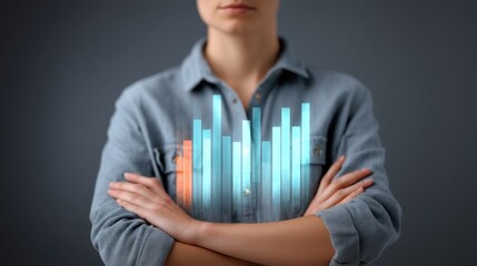 Confident Businesswoman with Data Visualization Graph Emerging from Chest, Symbolizing Analytics, Technology, and Growth in Modern Industry