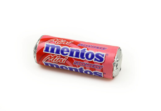 Red strawberry mentos mini pack of gums isolated on white background