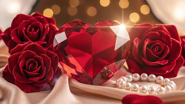 Stunning centerpiece featuring a brilliant faceted red crystal heart surrounded by deep crimson velvet roses and elegant white pearl bracelet jewelry.