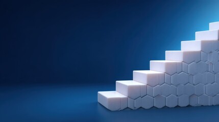 Abstract geometric staircase design with hexagonal shapes and soft blue gradient background for modern visual concepts and artistic representations