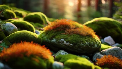Lush Green Moss Covered Stones With Vibrant Orange Lichens Providing A Serene Natural Beauty And Textured Contrast In Soft Lighting Perfect For Nature Enthusiasts And Eco Friendly Designs