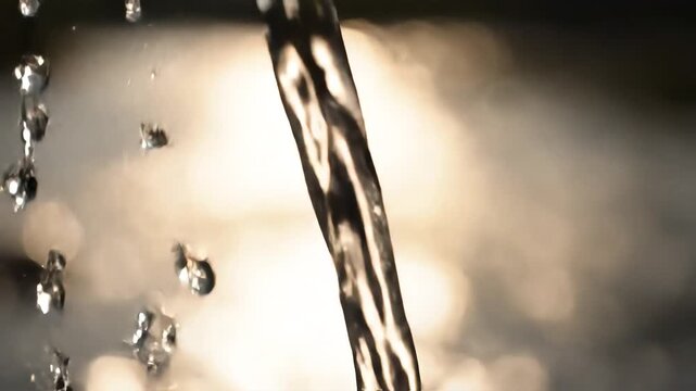 Closeup of a steady stream of clear water flowing with individual water droplets visible against a blurred background.