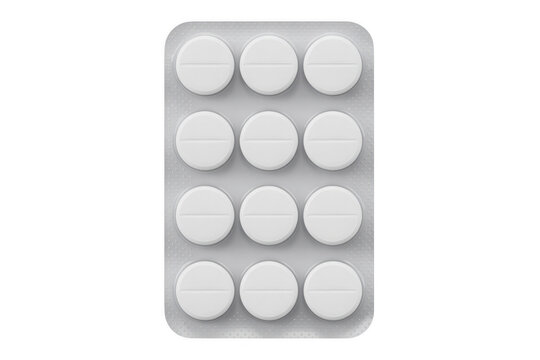 Blister pack of white pills medication tablets packaging isolated on a transparent background