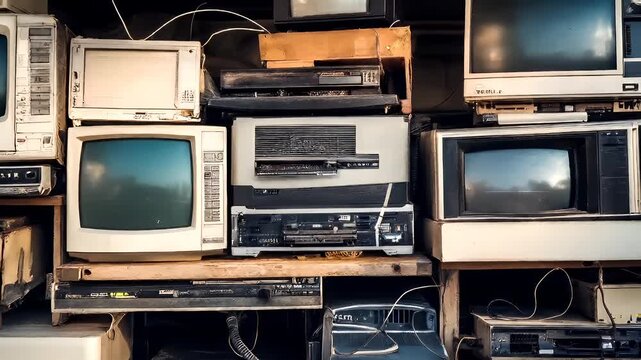 Electronic waste. Environment ecosystem pollution. Recycling. A collection of old electronic devices, including televisions, radios, and other miscellaneous items.