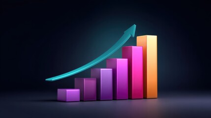 Colorful bar graph with upward trend arrow representing growth, success, and progress in business and finance on a dark background