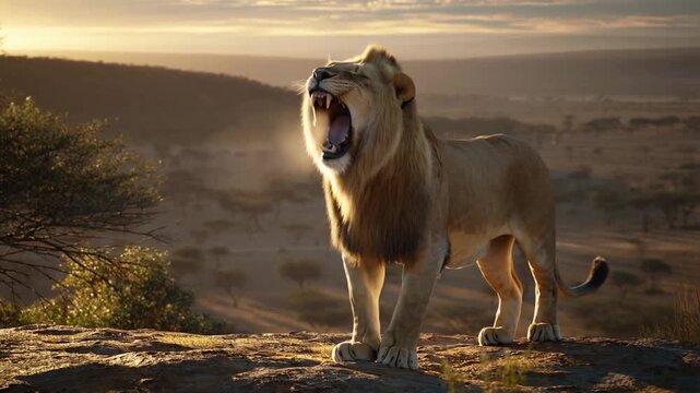 Male lion roaring at dawn on rocky kopje in savanna with visible breath vapor and soft sunrise light footage