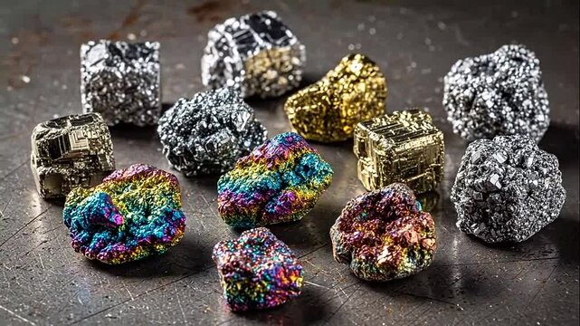 Collection of colorful metallic minerals, various shapes, valuable geological stones on a dark textured background