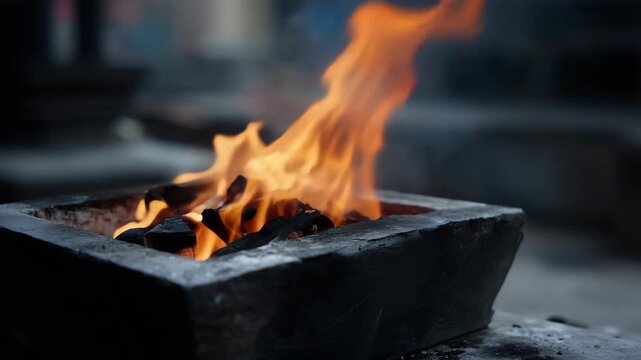 close, intense view of a rectangular stone funeral pyre engulfed in roaring flames. Bright orange fire rises aggressively from the entire surface, forming twisting, fluid shape  4K
