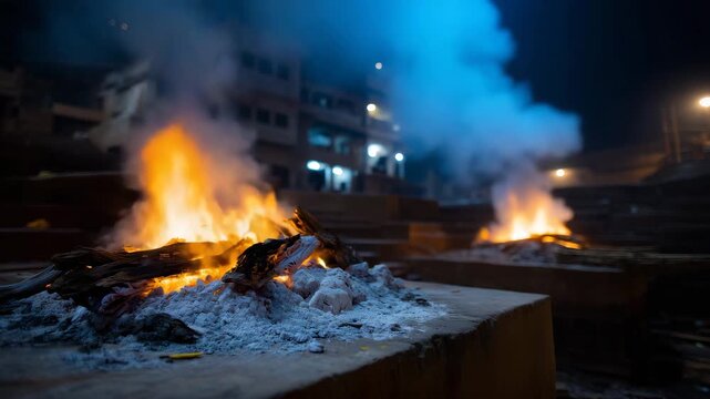 dramatic night-time cremation scene at Manikarnika Ghat in Varanasi. Multiple funeral pyres burn intensely on raised stone platforms, their flames rising high into the dark sky