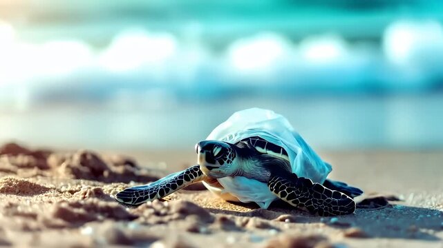 A closeup shot of a sea turtle emerging from a plastic bag on a sandy beach. The turtle is captured in a side profile, with its head turned slightly towards the camera.
