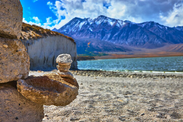 Cairn and Crowley Lake Stone Columns with Snowy Sierra Mountains and Lake