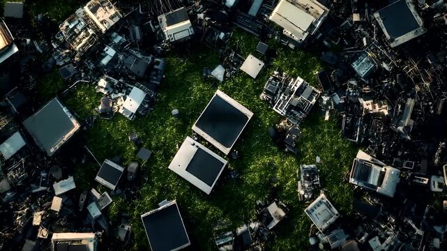 Electronic waste. Environment ecosystem pollution. Recycling. Aerial view of a sprawling urban landscape littered with electronic waste, including computers and other miscellaneous items.
