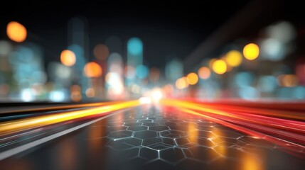 Abstract Cityscape with Bright Light Trails and a Bokeh Effect, Featuring a Futuristic Design and Geometric Honeycomb Pattern at Night