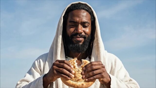 Smiling Black Jesus dividing bread, a modern interpretation of spiritual nourishment, for religious diversity, community outreach, and inspirational faith content