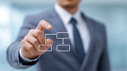 Business professional creating a flowchart on a virtual touchscreen in a modern office setting, showcasing organizational structure and planning process