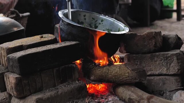COOKING CHICKEN IN A RURAL KITCHEN IN UGANDA, AFRICA, OVER A WOOD FIRE, IN A NATURAL SETTING