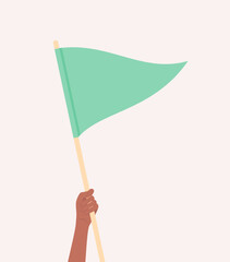 Hand with brown skin tone holding up a triangular green flag, flat vector illustration
