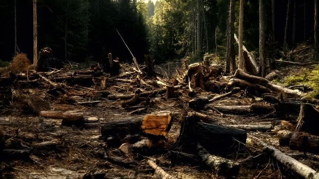 Deforestation. Environment conservation. Ecosystem. A vivid portrayal of a forest clearing with a bear in the foreground. The forest floor is strewn with logs and debris.