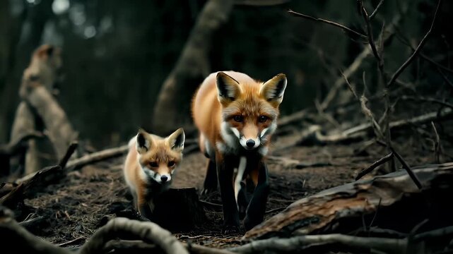 Deforestation. Environment conservation. Ecosystem. A vivid portrayal of two foxes in a forest setting. The foxes are captured in a closeup shot.