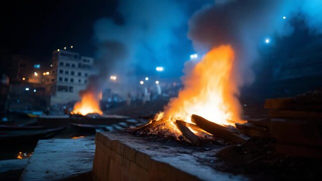 nighttime scene at Manikarnika Ghat in Varanasi, illuminated by the intense glow of multiple funeral pyres. Large flames rise from stacked wooden logs on elevated 4K