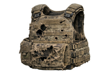 Damaged tactical vest with bullet holes after combat