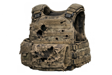 Damaged tactical vest with bullet holes after combat