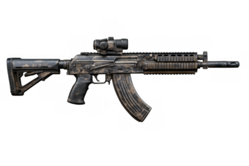 Assault rifle with scope on transparent background