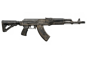 Weathered assault rifle weapon on transparent background