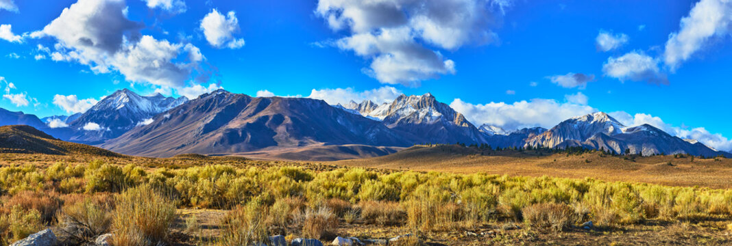 Eastern Sierra Mountain Panorama with Snow Owens Valley Sage and Dramatic Blue Sky