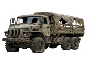 Derelict army truck with torn cover on transparent background