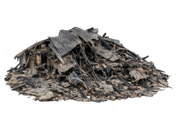 Building ruins showing destruction from fire and natural disaster