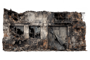 Burnt abandoned building showing urban decay on transparent background