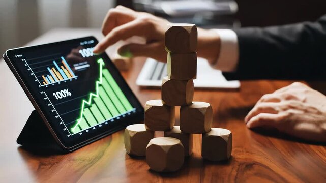 Modern success strategy scene with wooden cubes and analytics