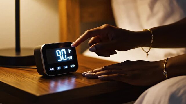 Hands setting sleep timer on bedside clock, calm night time routine