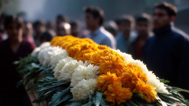 solemn Indian funeral procession moving slowly through a crowded village street, with dozens of mourners gathered closely around a flower-covered coffin. The casket is adorned 4K