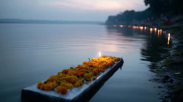 serene river cremation ceremony at dusk in India. A coffin adorned with marigold garlands and soft candlelight floats gently on the calm water, surrounded by drifting flower peta 4K