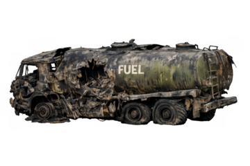 Burnt fuel tank truck destroyed by war