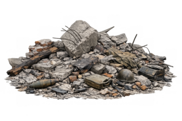 War debris pile with helmet and artillery shell