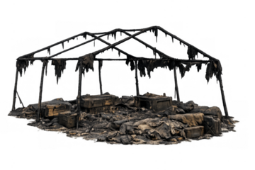 Burnt military tent structure remaining after fire disaster