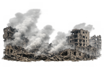 Destroyed city building ruins with smoke showing war aftermath