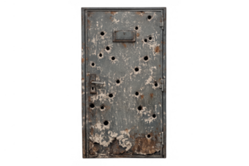 Old metal door showing bullet holes texture on transparent background
