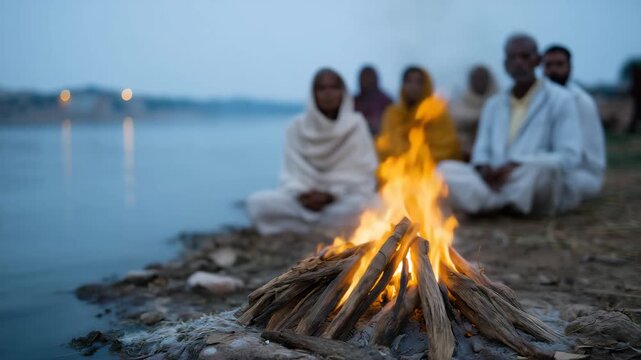 traditional Hindu funeral ceremony taking place on a riverbank at dusk. At the center burns a wooden cremation pyre, its flames rising warmly against the muted tones of the eveni