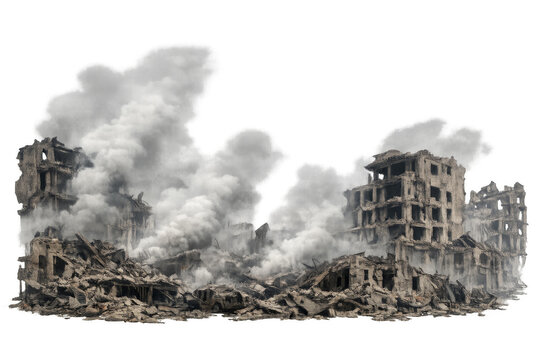 Destroyed city building ruins with smoke showing war aftermath