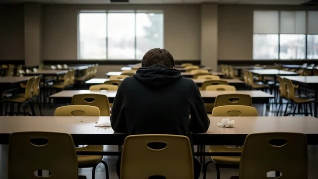 A male student sits alone in a school cafeteria, symbolizing loneliness and potential bullying in an educational environment footage.