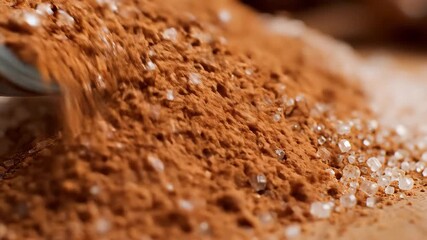 Closeup of rich brown cocoa powder and sparkling white sugar crystals being meticulously mixed together forming a delightful blend essential for baking confectionery and creating sweet treats emphasi.