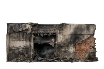 Burnt building ruins with fire damage on transparent background
