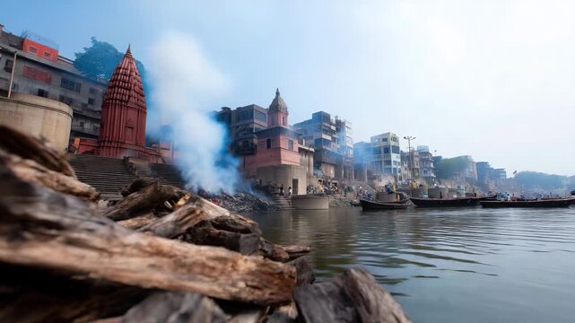 wide, atmospheric view of Manikarnika Ghat in Varanasi, capturing the sacred cremation area along the Ganges River. Ancient temple structures in shades of red, sandstone  4K